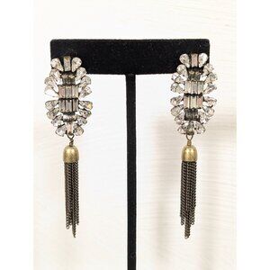 Rhinestone Baguette Art Deco Bronze Tone Tassel Statement Earrings Glam